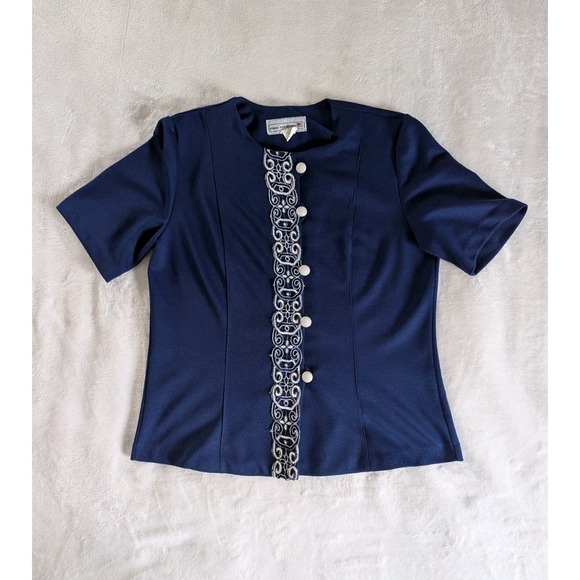 Vtg Navy & White Pearl Cluster Button Short Sleeve Women's Top Sz 10 Old Money - Picture 1 of 9